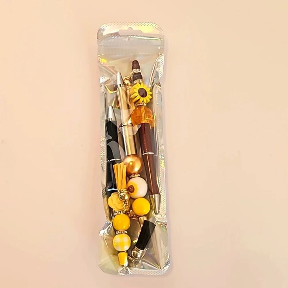 Hand Crafted Beaded Pens Set of 3 Fall Halloween Floral designs Ballpoint Black